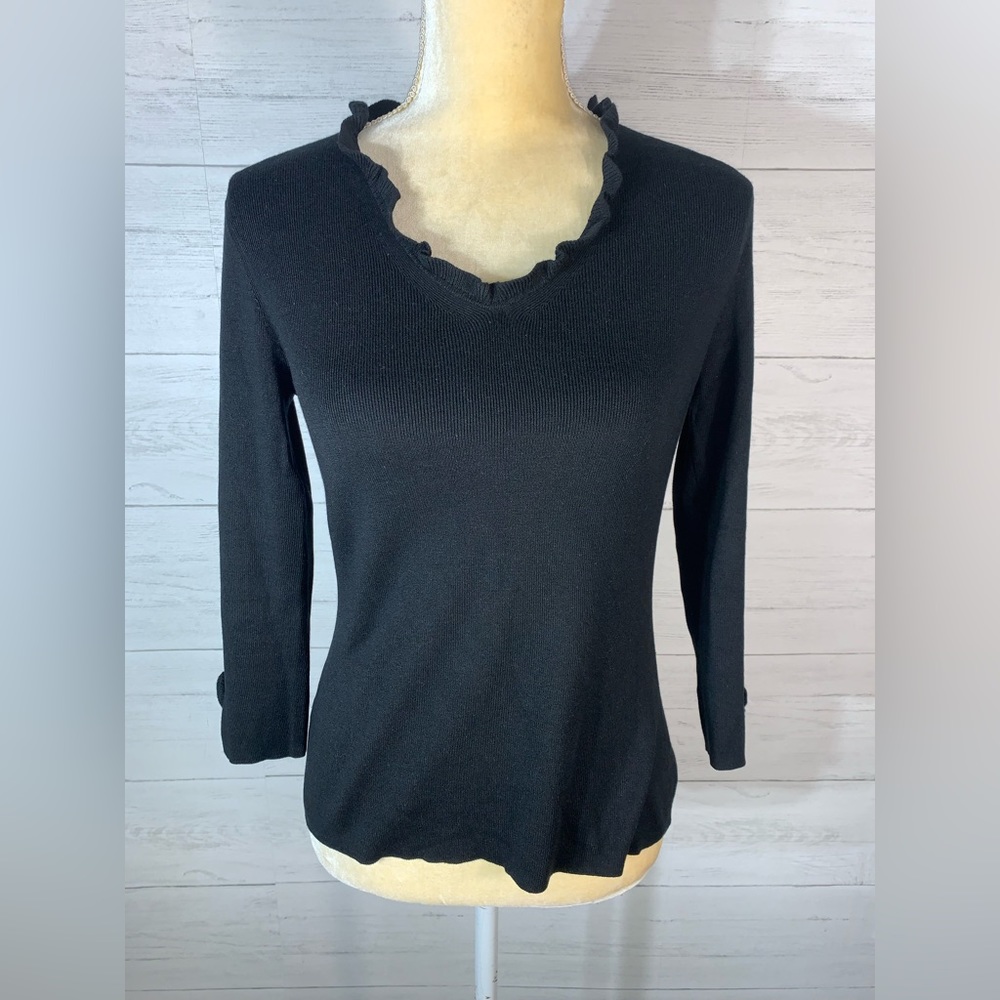 Ann Taylor black ruffle neckline knit  top silk/cotton/ cashmere small